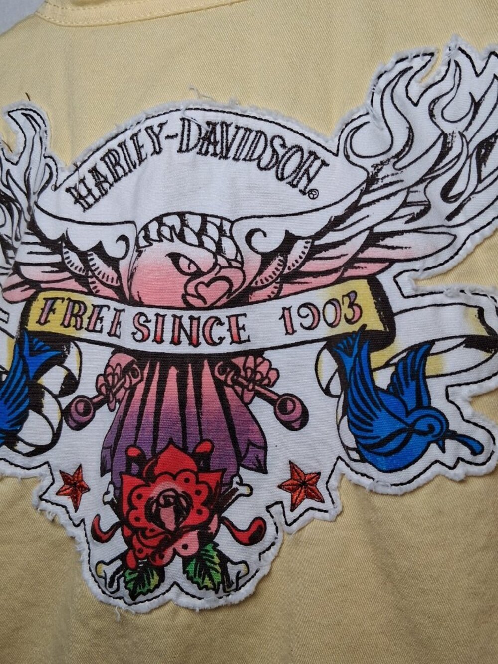 Harley Davidson Motorcycles Jacket Girls 5 Yellow Twill Tattoo Eagle Bird Rose - Picture 13 of 16